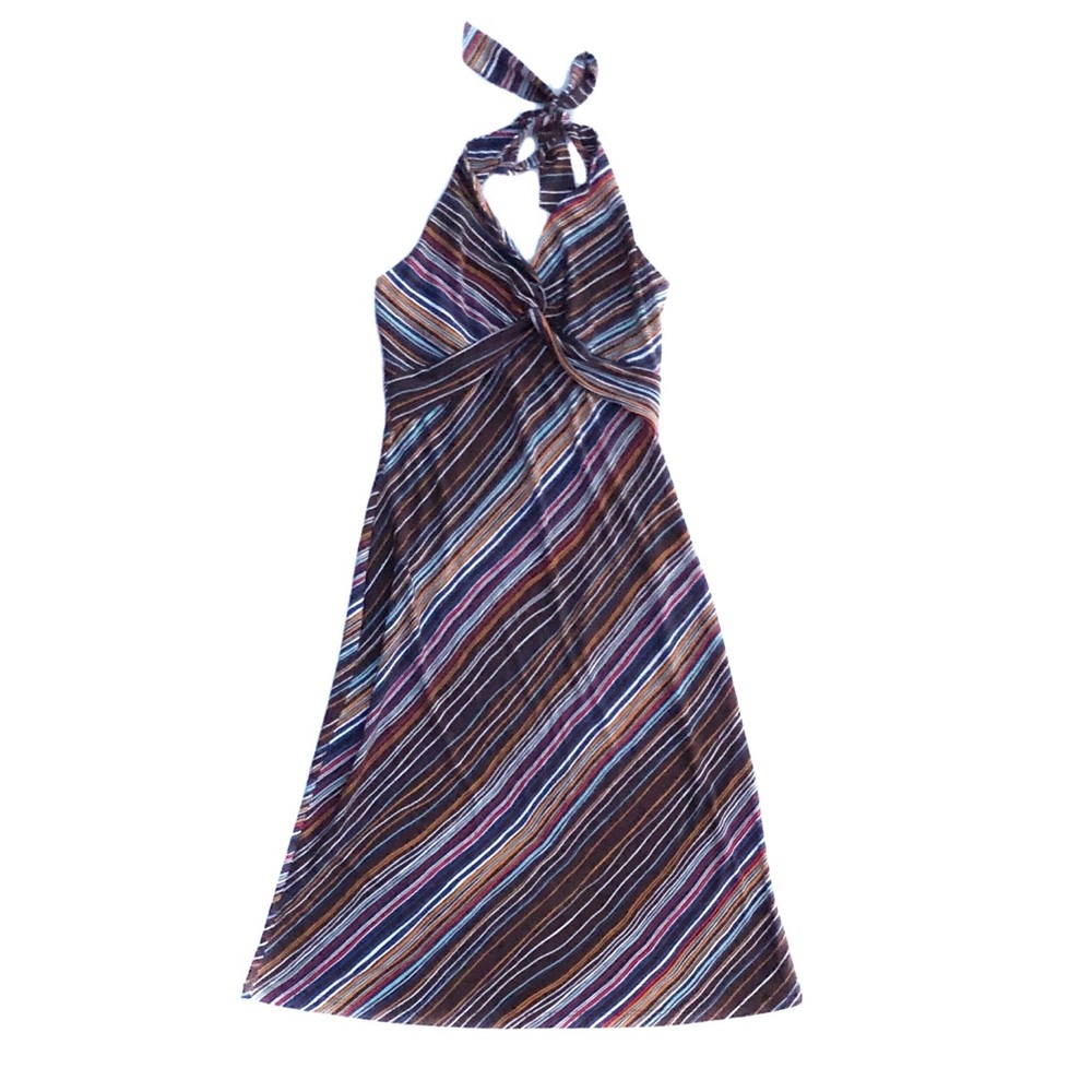 B. Moss Dress Stretch Self Tie Halter Striped Plunge Midi Casual Beach Day EUC S